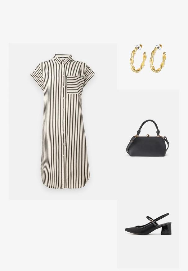 Vestido camisonero con cuello, mangas cortas, rayas verticales en blanco y negro, cierre de botones completo y un bolsillo en el pecho. Textura de tela suave.; Tacones slingback de charol negro con punta afilada, un diseño de corte redondeado y tacón bloque. Incluye un detalle de hebilla en tono dorado.; Bolso de cuero negro con parte superior redondeada, mango corto y correa desmontable. Presenta un cierre metálico y una textura suave.; Pendientes de aro retorcidos en oro con una superficie lisa, que cuentan con un respaldo transparente y herrajes en tono dorado.