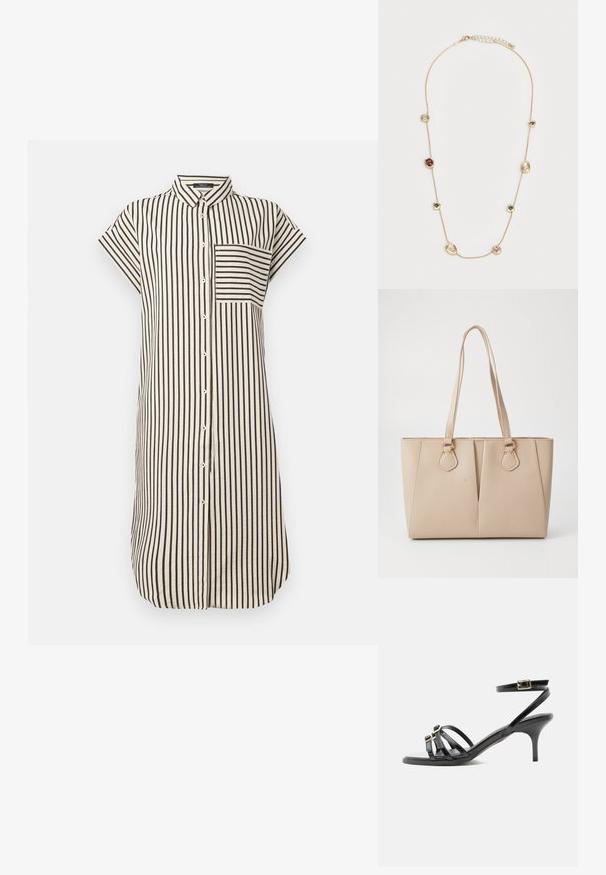 Shirtjurk met kraag, korte mouwen, zwart-witte verticale strepen, volledige knoopsluiting en een borstzak. Zachte stofstructuur.; Zwarte leren sandaal met bandjes, kittenheel, vierkante neus, twee voorste gespen en een enkelriem met gouden gesp.; Beige draagtas gemaakt van textuur kunstleer, met dubbele handgrepen en gouden hardware accenten. Het ontwerp heeft een gesplitst voorkantdetail.; Fijne gouden ketting met zeven onregelmatig gevormde edelsteeninstellingen in rood, helder en donkergrijs, verspreid over de ketting.