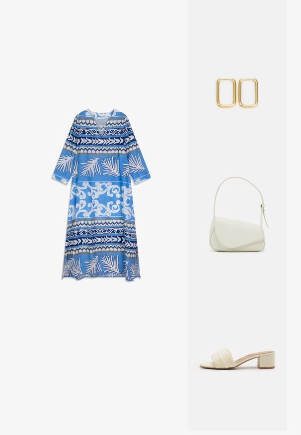 Robe à motifs bleus et blancs avec un col en V, des manches longues, et divers motifs graphiques, dont des feuilles et des vagues.; ALDO CLAUDINA - Mules - white/bone; Sac à main en cuir synthétique blanc avec une forme triangulaire structurée, une bandoulière unique réglable et un rabat à courbes accentuées.; Boucles d'oreilles en métal doré présentant une forme carrée avec des bords lisses et une finition polie, réfléchissant la lumière avec une surface brillante.