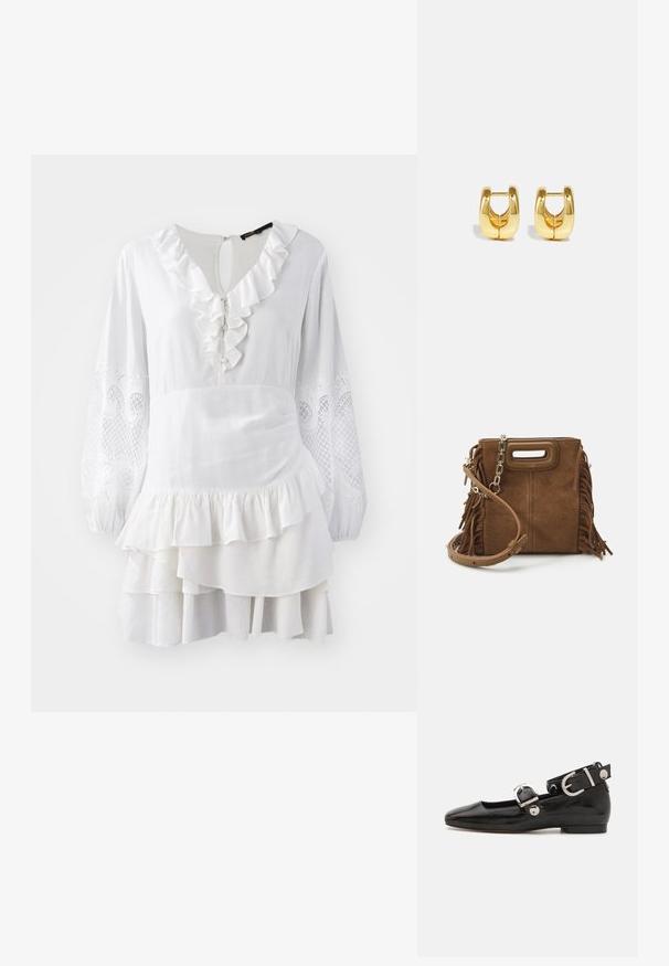 Robe blanche avec un ourlet à volants, de longues manches bouffantes ornées d'accents brodés et un ourlet en couches. Fabriquée en tissu léger.; Ballerine en cuir verni noir avec un bout carré, sangle de cheville avec des détails en métal argenté et semelle plate. Texture lisse avec un design minimaliste.; Maje MINI - Sac bandoulière - camel; Boucles d'oreilles en or avec un design élégant et arrondi. Présentent un centre creux et une surface brillante, complétant les styles modernes.