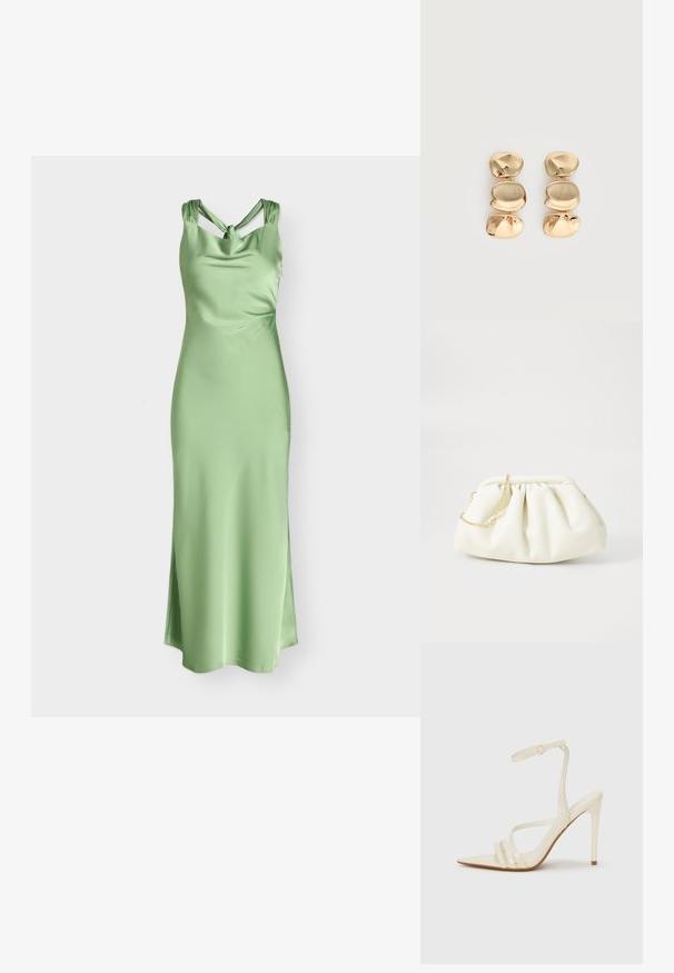 Robe longue en satin vert clair avec bretelles torsadées et encolure drapée, cintrée à la taille et s’évasant vers un ourlet droit.; Sandales à talons hauts beiges avec un bout pointu, comportant trois brides à l'avant et une fine bride à la cheville avec une boucle. Texture lisse, design minimaliste.; Sac à main en cuir blanc avec un design plissé, doté d'une bandoulière en chaîne dorée et d'une forme arrondie. Texture lisse avec des plis doux et sans motifs.; Boucles d’oreilles pendantes ton or avec trois segments irréguliers, lisses et arrondis empilés verticalement sur un fond clair uni.