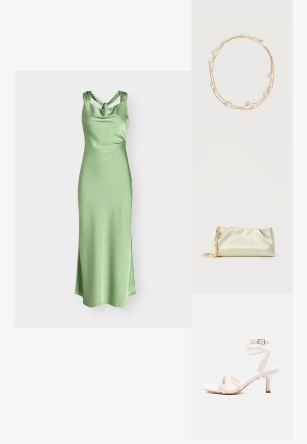 Robe longue en satin vert clair avec bretelles torsadées et encolure drapée, cintrée à la taille et s’évasant vers un ourlet droit.; Sandale blanche à talon avec lanières sur le devant, bride autour de la cheville avec boucle, et talon fin de hauteur moyenne sur un fond uni.; Pochette en satin vert clair avec une bandoulière chaîne en or et cristaux, forme rectangulaire avec des plis doux sur un fond uni.; Collier délicat à double chaîne en or avec de petites perles blanches espacées régulièrement sur un fond clair uni.