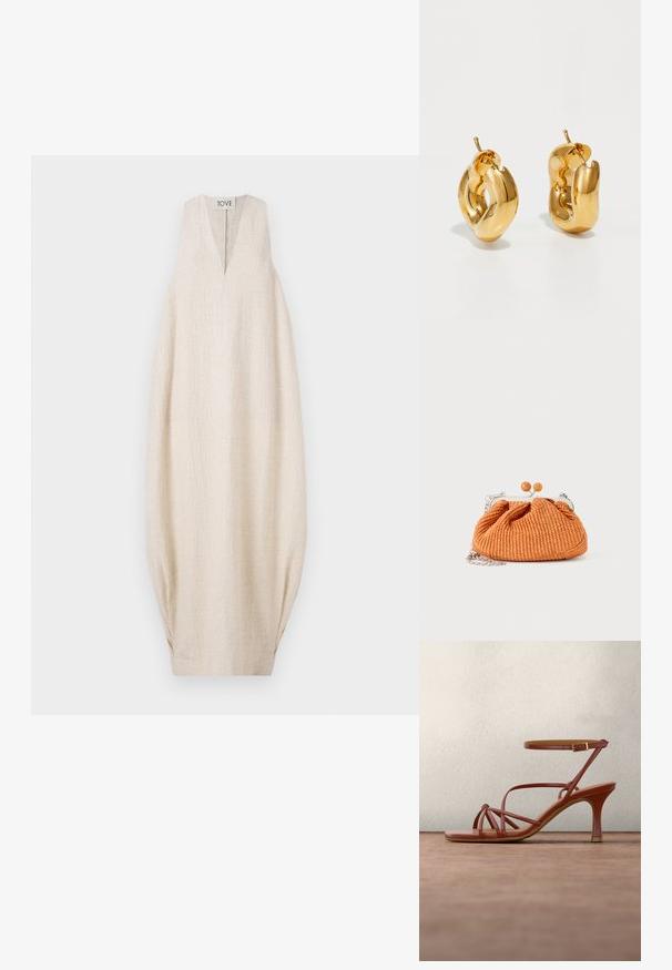 Helles beige ärmelloses Kleid mit V-Ausschnitt, strukturiertem Stoff und oversized Silhouette, mit gerafften Details an den Seiten. Markenlabel oben.; Braune, hochhackige Sandale mit Riemchen und Knöchelriemen, die über einem grauen Betonboden und einem verschwommenen Glas-Hintergrund schwebt.; Kleine orangefarbene gewebte Clutch-Handtasche mit silbernem Metallrahmen, rundem Verschluss und silberner Kettenriemen auf weißem Hintergrund.; Fette goldene Creolen mit einem leicht verdrehten, röhrenförmigen Design und Steckverschlüssen auf einem weißen Hintergrund.