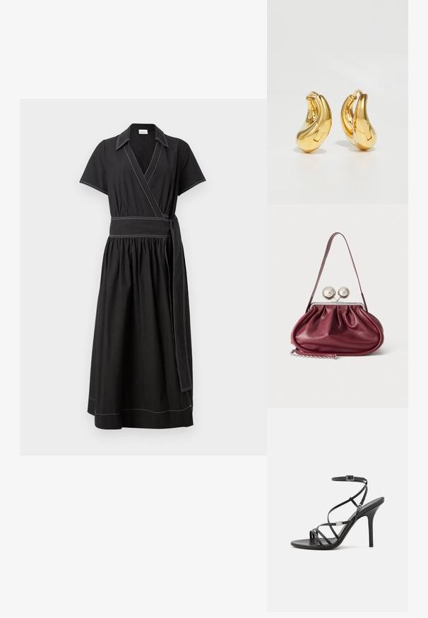 Robe noire portefeuille à manches courtes, avec un col et une large ceinture à nouer. Présente des coutures blanches contrastantes et une jupe froncée.; Sandale noire à talons hauts avec des brides fines, une boucle à la cheville, une surface en cuir lisse et un talon aiguille élancé.; Petit sac à main en cuir bordeaux avec des détails froncés, une fine bandoulière et une fermeture argentée comportant deux gros boutons ronds.; Boucles d'oreilles en or en forme de d'anneaux lisses et courbés avec une finition polie. Équipées d'un mécanisme de fermeture et de légères indentations pour le détail.