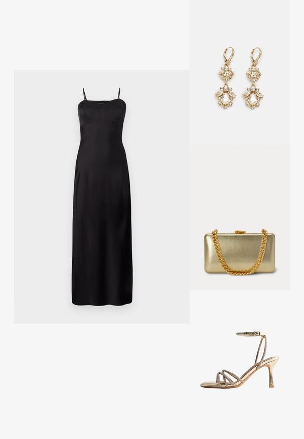 Vestido de satén negro tipo túnica con tirantes finos, que presenta un cuerpo ajustado, silueta en A y un diseño hasta el suelo. Textura suave.; Sandalia dorada de tacón alto con finas tiras de pedrería sobre los dedos y una pulsera al tobillo con cierre de hebilla.; Bolso clutch rectangular brillante dorado con una cadena de oro como asa y un pequeño cierre en la parte superior sobre un fondo claro.; Pendientes colgantes en tono dorado con un diseño de racimo que incluye cristales claros en forma redonda y de lágrima, mostrando un detallado intrincado.