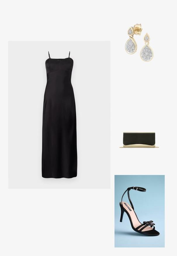 Vestido de satén negro tipo túnica con tirantes finos, que presenta un cuerpo ajustado, silueta en A y un diseño hasta el suelo. Textura suave.; Sanda negra de tacón alto con un diseño elegante, tiras de satén, punta abierta y un detalle decorativo de lazo en la parte frontal. La plantilla es de color beige.; Bolso de mano con una parte superior negra suave y un fondo metálico dorado, que presenta un diseño de borde redondeado y una correa de cadena dorada.; Pendientes en forma de lágrima con un marco dorado y acentos plateados, adornados con múltiples piedras redondas brillantes en una disposición decorativa.