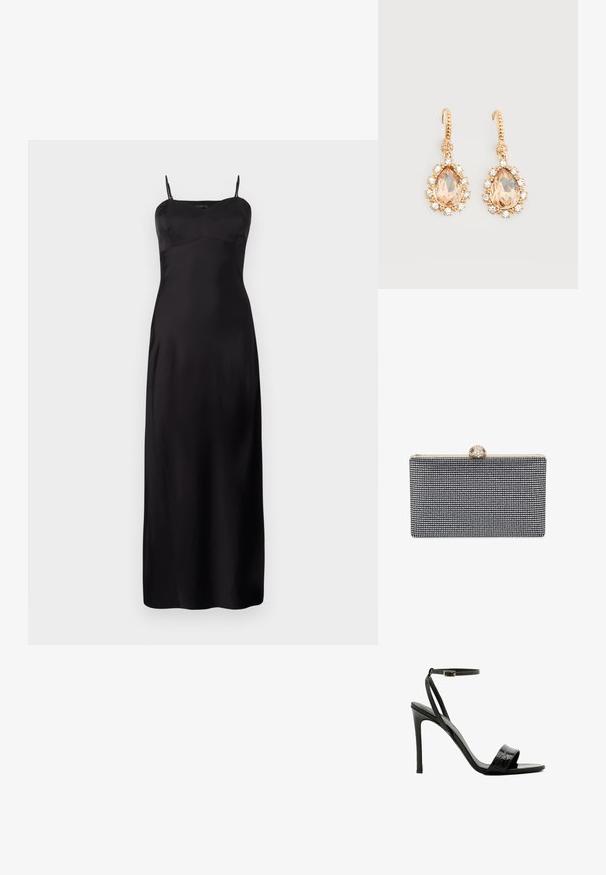 Vestido de satén negro tipo túnica con tirantes finos, que presenta un cuerpo ajustado, silueta en A y un diseño hasta el suelo. Textura suave.; Sandalias de tacón alto negras con textura de cocodrilo, con punta abierta y correa ajustable en el tobillo. Tacón delgado y diseño minimalista.; Bolso de mano rectangular negro cubierto de pequeños cristales, con un cierre dorado con detalles decorativos en la parte superior.; Pendientes de gancho dorados con grandes piedras en forma de lágrima color melocotón, rodeadas de pequeños cristales transparentes sobre un fondo blanco liso.