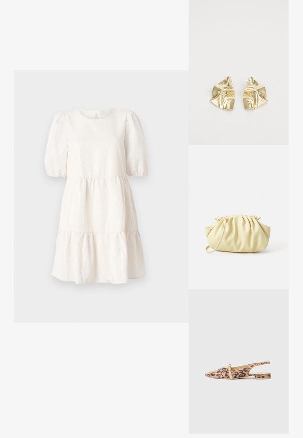 Hvid tekstureret kjole med rund hals, korte pufærmer og en lagdelt, flæset kant. Har en detalje med lukning bagpå.; Leopardprintede slingback-flats i beige med stofoverdel, spids tå og dekorativ sløjfedetalje på vristen. Flad hæl.; Gul plisseret håndtaske lavet af glat kunstlæder, med en blød form, en enkelt skulderrem og samlet topdesign.; Guldmetalløreringe med et bølget design; glat, reflekterende overflade; asymmetrisk form; ingen synlige mønstre eller hardware.