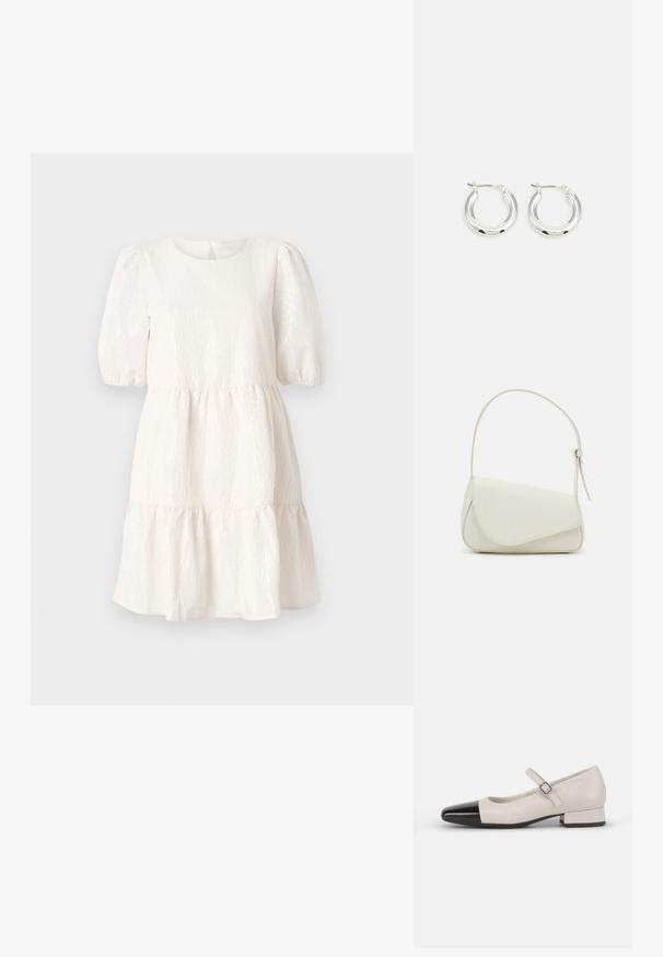 Vestido blanco texturizado con cuello redondo, mangas cortas abullonadas y un bajo con volantes en capas. Presenta un detalle de cierre en la parte posterior.; Zapato estilo Mary Jane en cuero crema con puntera de charol negro. Presenta una punta redonda, tirante en el tobillo con una hebilla cuadrada y un tacón bajo y cuadrado.; Bolso de mano de imitación cuero blanco con una forma triangular estructurada, correa ajustable única y cierre con solapa acentuada en curva.; Pendientes de aro de plata con un acabado pulido, que presentan una forma circular y un cierre de gancho. Textura suave con detalles mínimos.