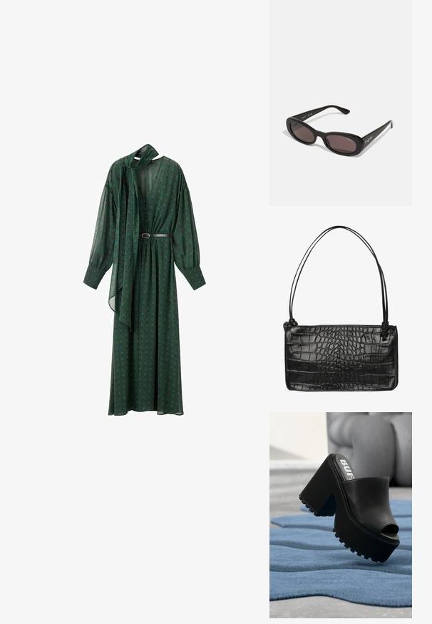 Largo vestido verde con un estampado floral, que presenta un lazo en el cuello, mangas voluminosas y un cinturón que acentúa la cintura. Hecho de tela ligera.; Zueco negro de plataforma con puntera abierta y suela gruesa y dentada descansando sobre una alfombra azul texturizada en el interior, cerca de un sillón gris.; Gafas de sol negras con montura ovalada, lentes oscuros y "vogue" impreso en blanco en las varillas exteriores. Material plástico suave.; Bolso de mano de piel negra con textura de cocodrilo, forma rectangular y dos asas delgadas. Acabado liso con cierre de cremallera.