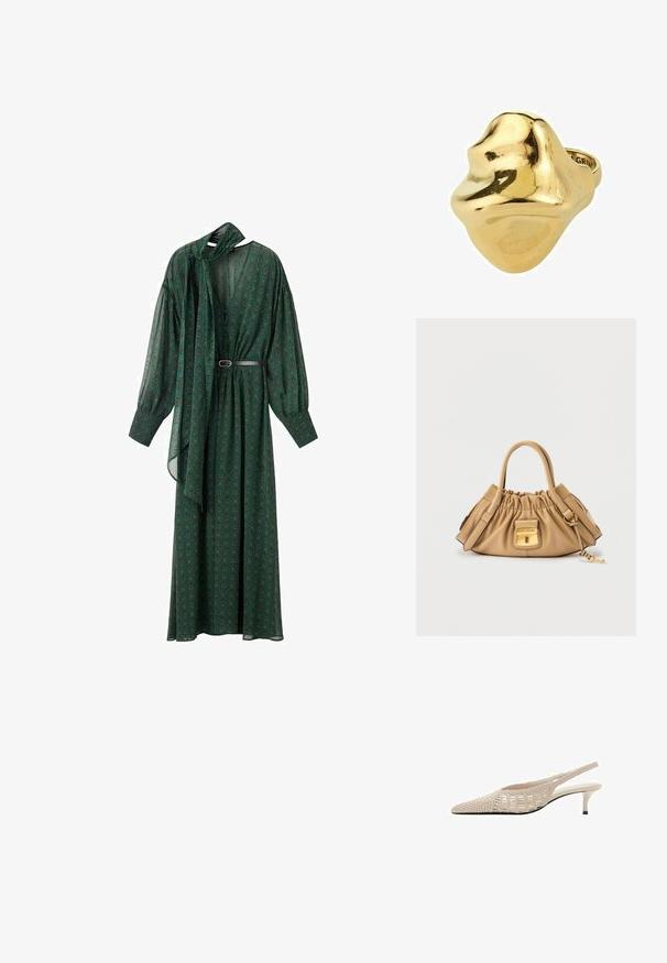 Largo vestido verde con un estampado floral, que presenta un lazo en el cuello, mangas voluminosas y un cinturón que acentúa la cintura. Hecho de tela ligera.; Zapato slingback de cuero beige tejido con puntera puntiaguda y tacón bajo de tipo kitten.; Pequeño bolso de cuero marrón claro con parte superior fruncida, asas dobles, cierre delantero dorado y un colgante en forma de llave unido a la correa lateral.; Anillo de oro con una forma orgánica y abstracta; superficie lisa y reflectante; bordes redondeados; e interior hueco que añade profundidad.