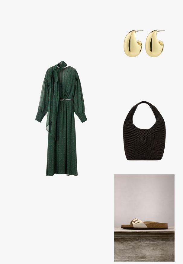 Lange groene jurk met een bloemenpatroon, voorzien van een striknek, volumineuze mouwen en een riem die de taille accentueert. Gemaakt van lichtgewicht stof.; Slide-sandaal met een lichte metallic bovenkant, kurken voetbed en een gestructureerde bruine rubberen zool. Gespdetail met logo-accent.; Zwarte open geweven mesh tas met afgeronde bovenhandgreep en een breed, gebogen lichaam.; Gouden studs met een gladde, gepolijste afwerking, in een abstracte, druppelvorm. Eenvoudige metalen achterzijde voor bevestiging.