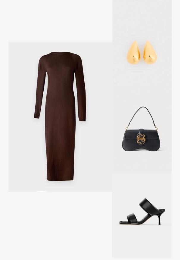 Braunes, langärmliges Strickkleid mit Rundhalsausschnitt und taillierter Silhouette, das bis zur Mitte der Waden reicht. Weiche, glatte Textur mit minimalen Details.; Schwarze Leder-Mule-Sandale mit zwei breiten Riemen und einem schlanken, mittelhohen Stilettoabsatz auf einem schlichten hellen Hintergrund.; Schwarze Lederhandtasche mit geschwungener Form, Einzelhenkel und goldfarbenem schlangenförmigem Verschluss mit der Aufschrift "Just Cavalli" auf einfarbigem Hintergrund.; Goldene Tropfenohrringe mit einer glatten, polierten Oberfläche und gerundeten Unterseiten, die das Licht mit einem glänzenden Finish reflektieren.