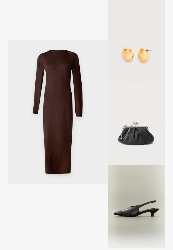 Braunes, langärmliges Strickkleid mit Rundhalsausschnitt und taillierter Silhouette, das bis zur Mitte der Waden reicht. Weiche, glatte Textur mit minimalen Details.; Schwarzer Slingback-Schuh aus Leder mit spitzer Zehenpartie und niedrigem Kitten-Heel vor neutralem Hintergrund.; Schwarze Leder-Clutch mit geraffter Textur, silberfarbener Metallrahmen, Druckverschluss und Kettenriemen. Glatte, weiche Oberfläche.; Paar kleine, klobige Ohrstecker in Goldton mit glatten, geschwungenen, abstrakten Formen vor hellem Hintergrund.