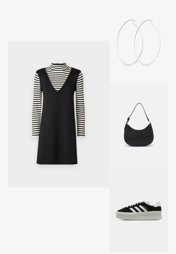 Vestido negro con escote en V, superpuesto a un cuello de tortuga a rayas con mangas largas. El vestido tiene una textura suave y una silueta ajustada.; Zapatillas negras de ante con detalles en cuero blanco, tres rayas blancas, cordones planos y una gruesa suela de plataforma gris. Marca "Gazelle" en dorado.; Bolso hobo negro hecho de cuero suave con una silueta curva, que cuenta con una sola correa ajustable y detalles de diseño minimalistas.; Pendientes de aro plateados con un diseño delgado y suave; forma ovalada alargada; acabado pulido; presentan un cierre de gancho seguro.