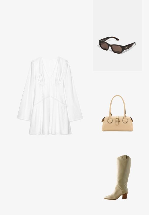 Blouse blanche à manches longues avec un col en V, détails froncés aux épaules, accents en dentelle et coupe décontractée, fabriquée en tissu léger.; Botte en cuir beige jusqu'au genou avec un bout pointu et un talon en bloc de bois. Présente une texture lisse et une languette en haut pour un enfilage facile.; Lunettes de soleil en écaille de tortue avec des verres rectangulaires marron. La monture en plastique brillant présente un logo "vogue" en doré sur le côté.; Sac à main en cuir beige avec double poignées, sangle à boucle à l'avant et patchs décoratifs arrondis de chaque côté.