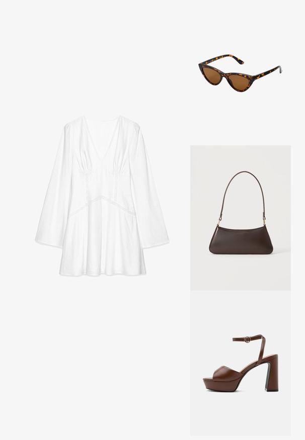Blouse blanche à manches longues avec un col en V, détails froncés aux épaules, accents en dentelle et coupe décontractée, fabriquée en tissu léger.; Sandale à plateforme en cuir marron avec talon haut et épais, bout ouvert et bride de cheville ajustable avec boucle dorée, vue de côté.; Lunettes de soleil style œil de chat avec une monture en écaille de tortue noire et orange, verres marron et pointes effilées et élégantes. Présente un logo minimaliste sur la branche.; Sac à main en cuir marron foncé avec une fermeture éclair incurvée en haut et une fine bandoulière avec des fermoirs dorés sur un fond uni.
