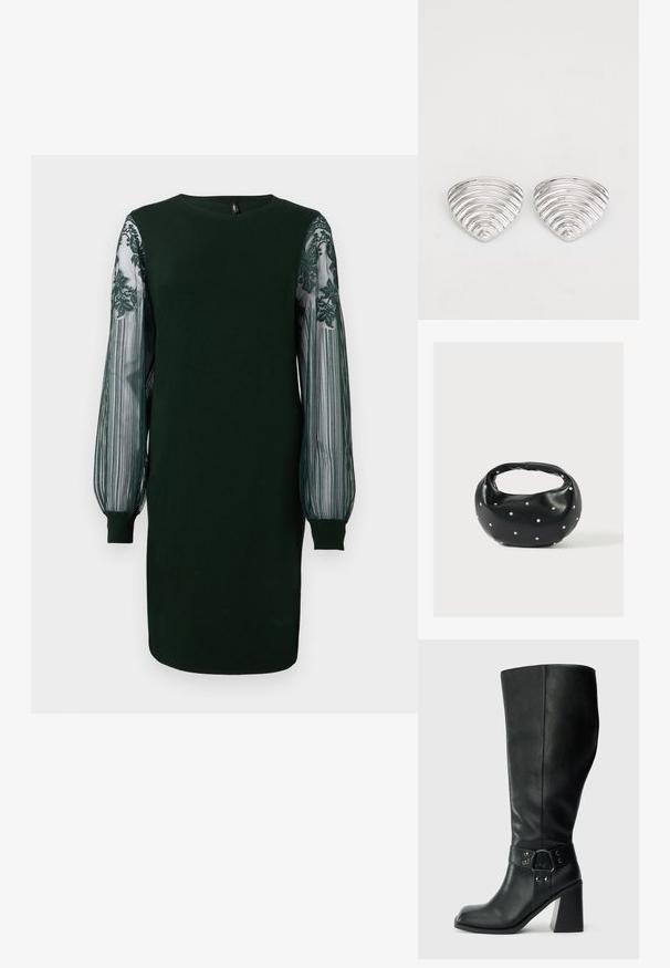 Vestido verde oscuro con cuello redondo, largas mangas transparentes con patrón y puños ajustados. Tejido suave, diseño a la altura de la rodilla con un elegante detalle.; Botas de cuero negro hasta la rodilla con puntera cuadrada, tacón ancho y una correa decorativa con acentos metálicos alrededor del tobillo. Textura suave.; Bolso de mano de cuero negro con forma redondeada, decorado con detalles de tachuelas plateadas y un asa corta. Textura lisa y cierre con cremallera.; Pendientes en tono plateado con un diseño ondulado y texturizado, con forma de media lunas superpuestas; el acabado pulido realza las cualidades reflectantes.