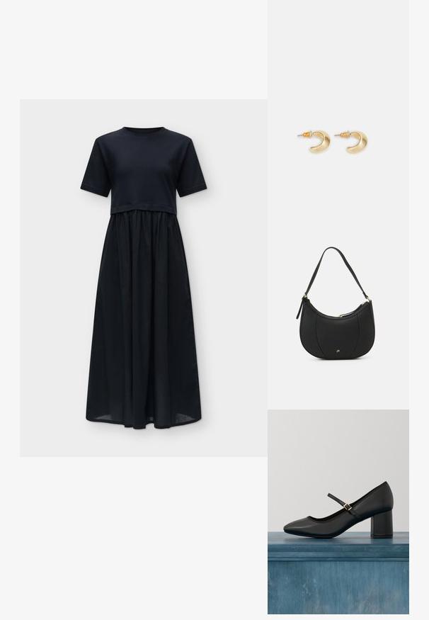 Robe midi noire à manches courtes avec un haut cintré et une jupe froncée, fluide, sur fond blanc.; Chaussure Mary Jane noire avec talon carré et sangle à boucle dorée, flottant au-dessus d'un sol en béton lisse dans un cadre intérieur minimaliste.; Sac à main en cuir noir avec une forme courbée, surface texturée, coutures avant et un logo doré. Il est doté d'une seule sangle ajustable.; Boucles d'oreilles en forme de croissant en or avec une finition lisse, présentant des accents orange près du clou et un matériel en argent.