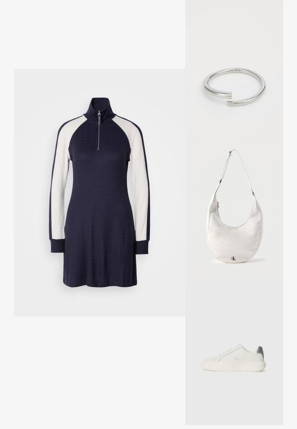 Marineblaues Strickkleid mit hohem Kragen, halbseitigem Reißverschluss und weißen strukturierten Ärmeln. Lange Ärmel mit marineblauen Bündchen.; Weißer Sneaker aus Leder mit glatter Textur, ausgestattet mit einem silbernen Akzent an der Ferse, flacher Sohle und minimalistischem Design.; Weiße, halbmondförmige Schultertasche mit verstellbarem Riemen und schwarzem „cK“-Logo in der Nähe der unteren Mitte vor einfarbigem Hintergrund.; Calvin Klein SPIRAL - Armband - silver-coloured