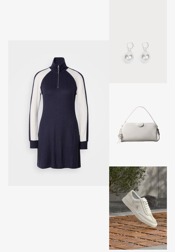 Marineblaues Strickkleid mit hohem Kragen, halbseitigem Reißverschluss und weißen strukturierten Ärmeln. Lange Ärmel mit marineblauen Bündchen.; Beige-weißer Sneaker mit niedrigem Schaft, Schnürsenkeln und "cK"-Logo, schwebend über einem Boden aus Ziegeln und Kieseln mit einem verschwommenen grünen Pflanzenhintergrund.; Weiße rechteckige Calvin Klein Handtasche mit einem einzelnen Henkel, minimalistischem Design und dekorativen Quasten mit geometrischem Metallanhänger an der Seite.; Silberne Tropfenohrringe mit glatten, runden, reflektierenden Oberflächen, die an Hakenverschlüssen hängen. Der Hintergrund ist reinweiß.