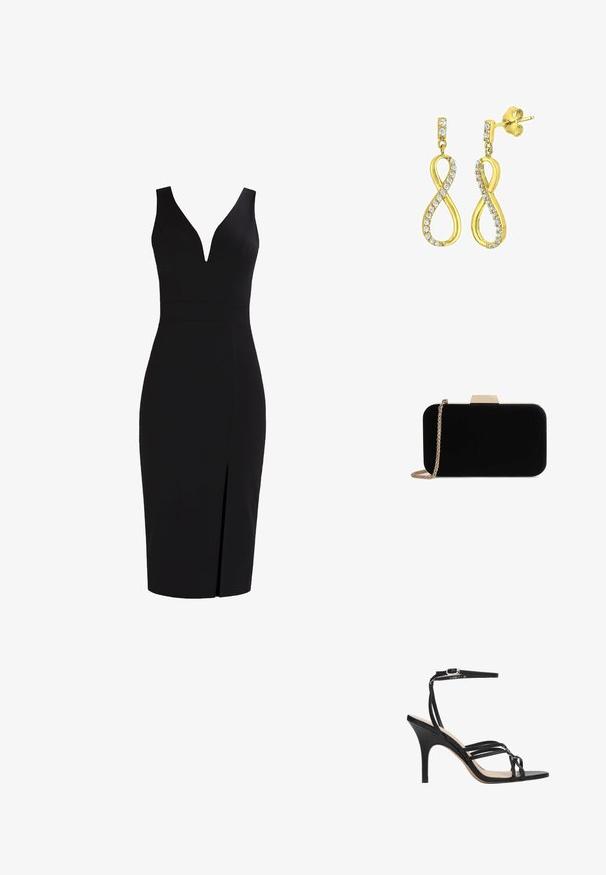 Robe noire sans manches avec un décolleté en V profond, silhouette ajustée, longueur genou et une fente à l'avant pour un détail supplémentaire. Texture de tissu lisse.; Sandale à talon haut noire à lanières avec un design élégant, dotée d'une fine sangle à la cheville, d'un bout ouvert et d'une finition lisse sur un talon effilé.; Pochette en velours noir avec quincaillerie dorée, de forme rectangulaire, et une bandoulière en chaîne, présentant une texture lisse et sans motifs visibles.; Boucles d'oreilles dorées en forme de symbole d'infini stylisé, ornées de cristaux transparents taillés en rond le long des bords. Fermeture à tige.