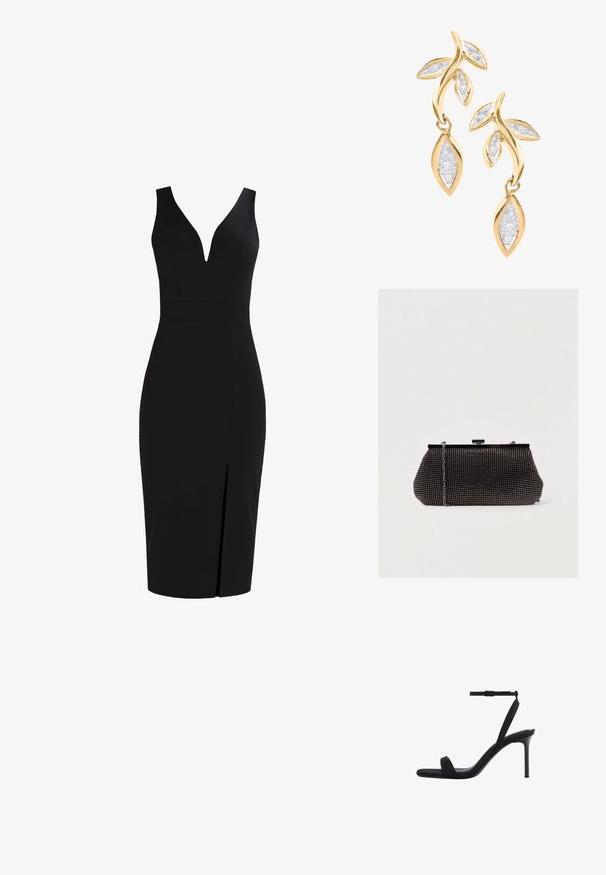 Robe noire sans manches avec un décolleté en V profond, silhouette ajustée, longueur genou et une fente à l'avant pour un détail supplémentaire. Texture de tissu lisse.; Sandale noire à talon haut avec fine bride à la cheville et bout ouvert, dotée d'un talon aiguille mince et d'un design minimaliste.; Pochette noire en mesh avec une silhouette structurée, ornée de petits clous métalliques, dotée d'une fermeture à clip et d'une bandoulière en chaîne détachable.; DIAMANT L'ÉTERNEL Boucles d'oreilles - gold coloured