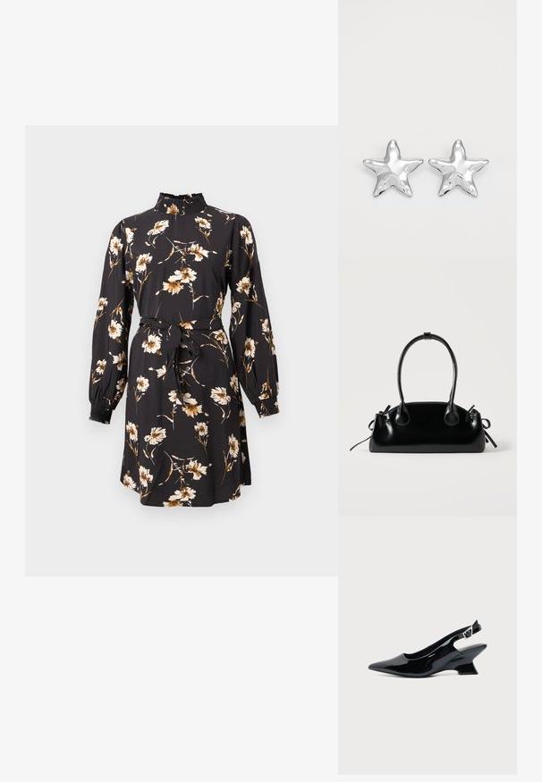 Zwarte jurk met bloemmotief in beige en goud. Voorzien van een hoge geplooide halslijn, lange mouwen en een strikceintuur voor een flatterende pasvorm.; Zwarte lakleren slingback schoen met spitse neus en lage schuine blokhak op een effen lichte achtergrond.; Kleine zwarte glanzende handtas met twee lange hengsels en zijkant trekkoord details op een effen lichte achtergrond.; Zilveren stervormige oorbellen met een gepolijste, glanzende afwerking. Elke oorbel heeft vijf punten en subtiele textuurdetails op het oppervlak.
