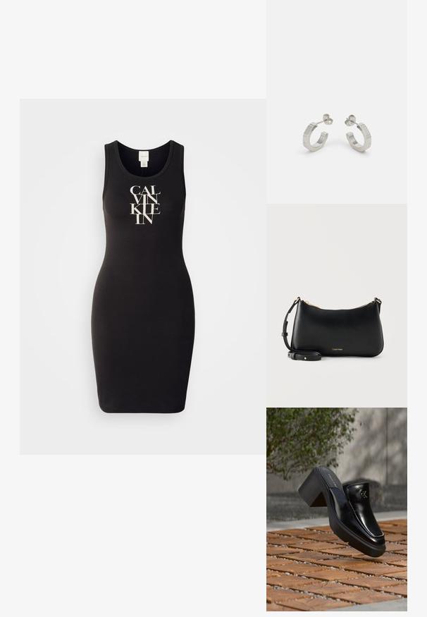Must mustrükk, mis on valmistatud pehmest puuvillast, omab kitsast lõiget. Ees olev valge logo trükk näitab julgeid, stiilseid tähti.; Mustast nahast Calvin Kleini slip-on mules, millel on plokk-konts, toetub puitplaatidele õues, lähedal rohelisele taimele ja hallile seinale.; Mustast nahast Calvin Kleini õlakott kuldse tõmbluku ja reguleeritava rihmaga ühtlasel heledal taustal.; Hõbedased metallist rõngakõrvarõngad tekstureeritud kujundusega, millel on väike kinnituskate ja bränding ühel rõngal. Ümar kuju ja poleeritud viimistlus.