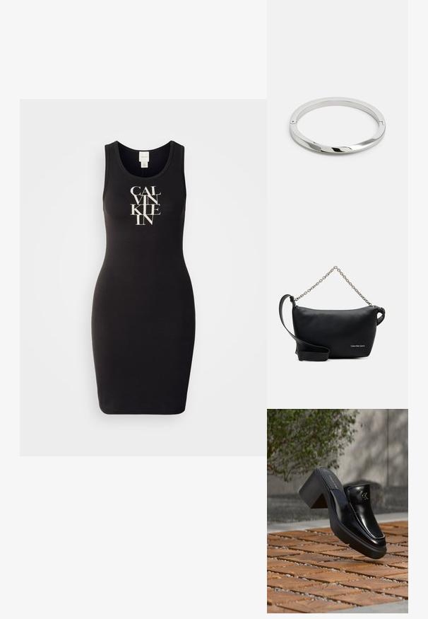 Schwarzes Tank-Kleid aus weichem Baumwollmaterial mit taillierter Passform. Es verfügt über einen Logo-Print in Weiß, der eine kühne, stilisierte Schrift auf der Vorderseite zeigt.; Schwarze Leder-Slip-on-Mule von Calvin Klein mit Blockabsatz, die auf Holzfliesen im Freien nahe einer grünen Pflanze und einer grauen Wand ruht.; Calvin Klein Jeans SCULPTED ROUND CHAIN - Umhängetasche - black; Silbernes Metallarmband mit einer glatten, glänzenden Oberfläche und flachen Kanten. Verfügt über ein offenes, kreisförmiges Design mit einem subtilen Verschlussdetail.