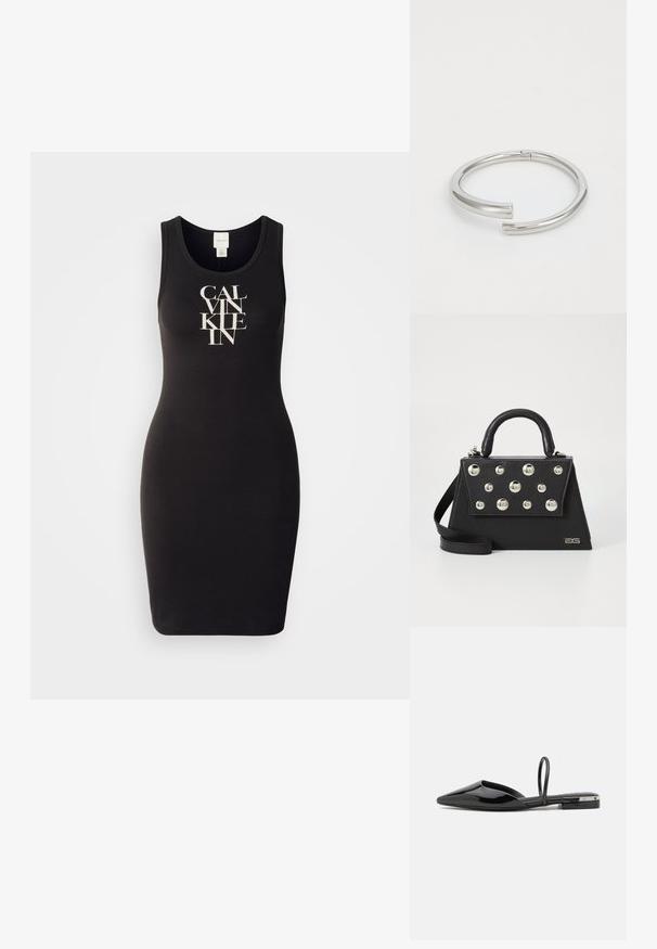 Sort tank kjole lavet af blødt bomuld med en tætsiddende pasform. Har et logo print i hvid, som viser fed, stiliseret tekst foran.; Sorte patentlæder slingback flade sko med spidse tæer, minimalistisk design, slank strop og en lille metallisk detalje på hælen.; Sort håndtaske med en struktureret form, der har et håndtag på toppen, skulderrem og dekorative metalnitter på forsiden.; Calvin Klein SPIRAL - Armbånd - silver-coloured