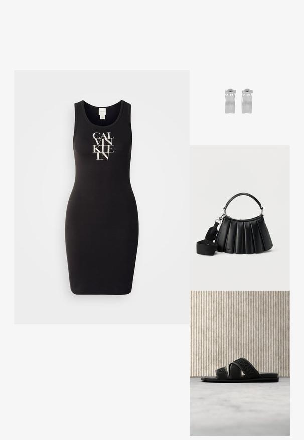 Sort tank kjole lavet af blødt bomuld med en tætsiddende pasform. Har et logo print i hvid, som viser fed, stiliseret tekst foran.; Sort DKNY slidesandal med to remme og præget logo, placeret i luften over et beige tæppe nær et rundt amberbord.; Sort læderhåndtaske med plissering, kort håndtag og aftagelig bred skulderrem i stof på hvid baggrund.; Par polerede sølv creoløreringe med glat, let buet overflade og butterfly-lås, vist på hvid baggrund.