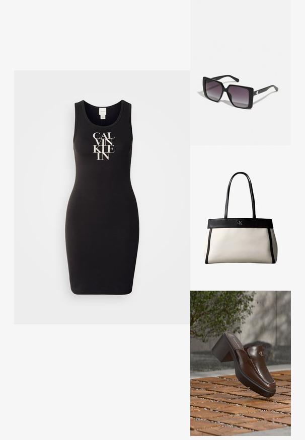 Schwarzes Tank-Kleid aus weichem Baumwollmaterial mit taillierter Passform. Es verfügt über einen Logo-Print in Weiß, der eine kühne, stilisierte Schrift auf der Vorderseite zeigt.; Braune Leder-Calvin Klein Absatzpantolette, die über einem Holzboden mit verschwommenem grünem Pflanzen- und Wandhintergrund schwebt.; Schwarze quadratische Sonnenbrillen mit grauen Verlaufslinsen. Glänzende Rahmen mit klaren Linien. Silbernes Logo-Detail an den Schläfen.; Weiße und schwarze Calvin Klein Tragetasche mit langen schwarzen Griffen und CK-Logo auf schwarzem Besatz nahe der Oberseite.