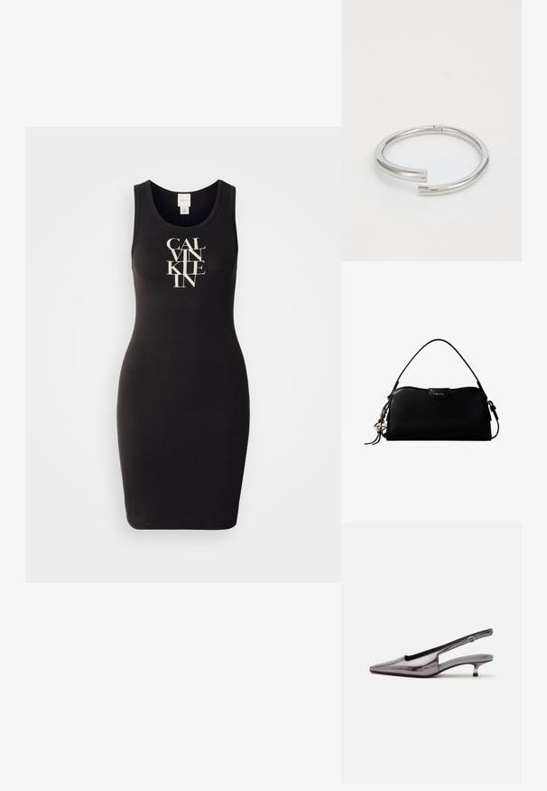 Zwarte tankjurk gemaakt van zachte katoen met een getailleerd ontwerp. Bevat een logo-print in het wit, met gedurfde, gestileerde letters op de voorkant.; Metallic grijze slingback-schoen met spitse neus, lage kittenhak en verstelbare band op een witte achtergrond.; Zwarte rechthoekige Calvin Klein handtas met enkele bovenriem, zilveren logo-ornament en een kleine klepsluiting aan de voorkant.; Calvin Klein SPIRAL - Armband - silver-coloured