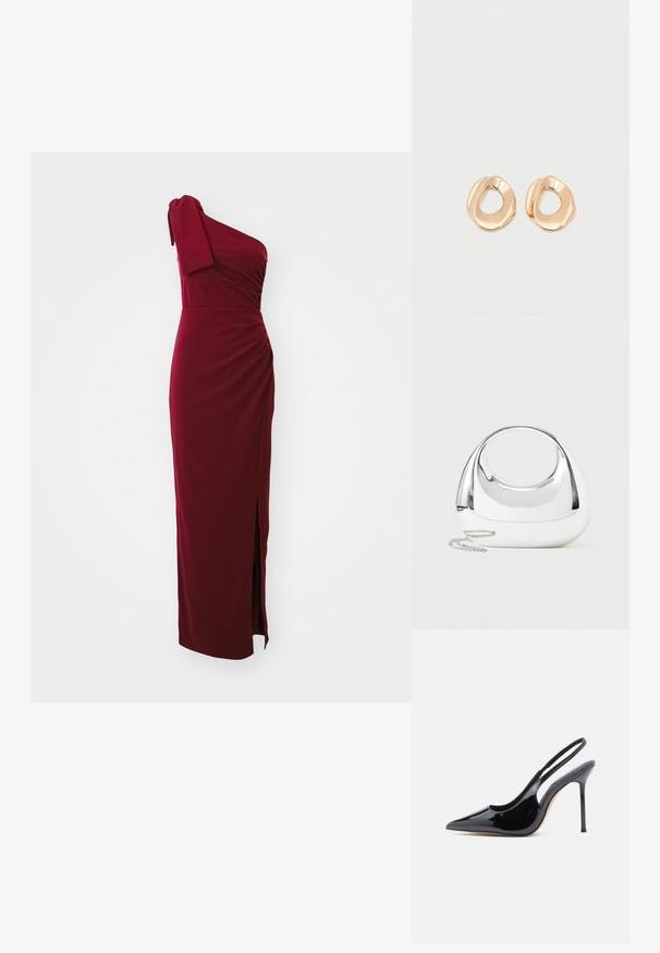 Bordeauxfarvet en-skulderkjole, tætsiddende bodice med drapering, sideslidsdetalje og blød tekstur. Kort ærme med knudeaccent. Lang længde.; Sort slingback-pumpe i laklæder med spids tå, slank høj hæl og et buet udskæringsdesign på siden. Glat, skinnende finish.; Skinnende sølvfarvet metallisk håndtaske med rund form, ovalt udskåret håndtag og en sølvkæde som rem på en ensfarvet lys baggrund.; Par af uregelmæssigt formede, polerede øreringe i guldfarvet metal med åben midte på en ens hvid baggrund.