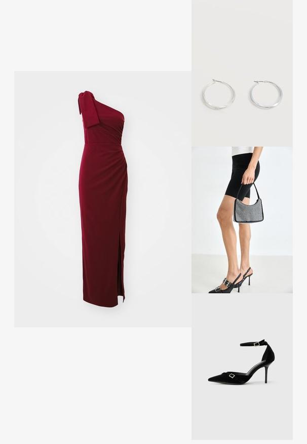Bordeauxfarvet en-skulderkjole, tætsiddende bodice med drapering, sideslidsdetalje og blød tekstur. Kort ærme med knudeaccent. Lang længde.; Sort fløjls højhælet sko med spids tå, ankelrem med en spændeaccent og en slank, glinsende stilettohæl.; Sort perlehandtaske med en buet silhuet, bærehåndtag og blank overflade. Båret med højhælede sorte sko og tætsiddende sorte shorts.; Sølvfarvede metaloorringe med glat, let buet overflade og låsemekanisme på en ensfarvet hvid baggrund.