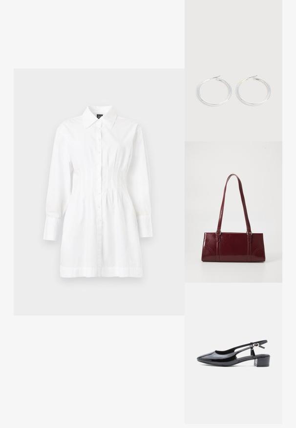 Robe-chemise blanche à manches longues avec boutons sur le devant, col pointu et taille cintrée.; Chaussure slingback en cuir verni noir avec un bout pointu, des côtés découpés et un petit talon block. Équipée d'une bride de cheville avec une boucle.; Sac à main bordeaux en matériau brillant, de forme rectangulaire, avec deux anses et des accents légèrement courbés à l'avant.; Paire de boucles d'oreilles créoles argentées brillantes avec fermoirs en fil fin, présentée sur un fond gris clair.