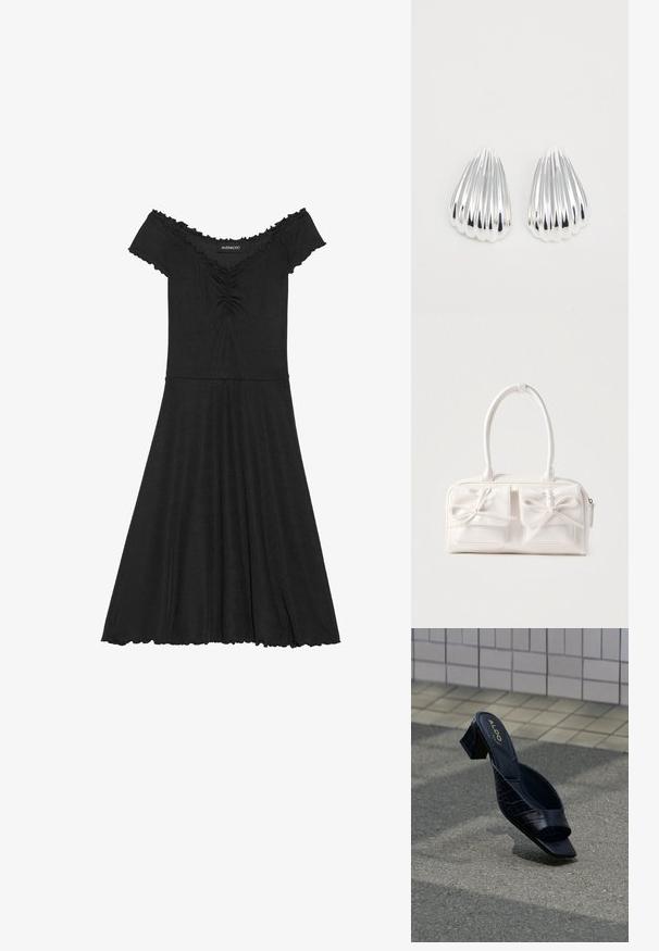 Robe noire dénudée des épaules en tissu côtelé, avec un corsage ajusté, une jupe évasée et des détails festonnés au niveau de l'encolure.; Sandale mule noire à talon avec motif crocodile, bout carré et talon bloc reposant sur un sol texturé près d’un mur carrelé.; Sac à main synthétique blanc avec deux poches avant, chacune ornée d'un nœud noué. Texture lisse, anses arrondies et fermeture zippée.; Une paire de boucles d'oreilles en argent brillant en forme de coquillage, avec une texture striée, sur un fond blanc uni, montrant des surfaces réfléchissantes et lisses.