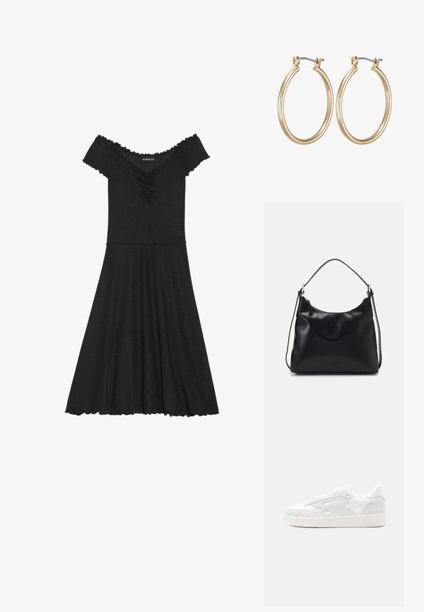 Vestido negro sin hombros, hecho de tela de canalé, con un corsé ajustado, falda acampanada y detalles en forma de concha en el escote.; Zapatilla blanca de perfil bajo de Reebok con superposiciones de ante, diseño con cordones y suela de goma texturizada sobre un fondo claro y simple.; Mujer joven con cabello negro largo sentada sobre un bloque de madera, vistiendo un atuendo crema y sosteniendo un bolso de hombro de cuero negro cruzado sobre el pecho.; Pendientes de aro de metal en tono dorado con un diseño circular y suave, y un cierre de bisagra seguro. Ligeros y con un acabado pulido.