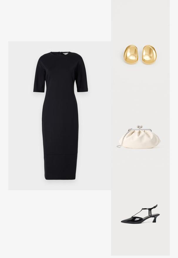 Robe noire, cintrée, arrivant au genou, avec des manches courtes, un col rond et une fermeture éclair au dos. Tissu lisse avec un léger éclat.; Chaussure slingback en cuir verni noir à bout pointu avec bride en T et petit talon bloc incliné sur fond blanc.; Pochette en tissu crème avec un design froncé, cadre en métal argenté, deux boules décoratives, et une bandoulière chaîne argentée.; Boucles d'oreilles en forme de clou de couleur or, avec une forme lisse et arrondie et une surface réfléchissante, mettant en avant un design minimaliste sans motifs visibles.