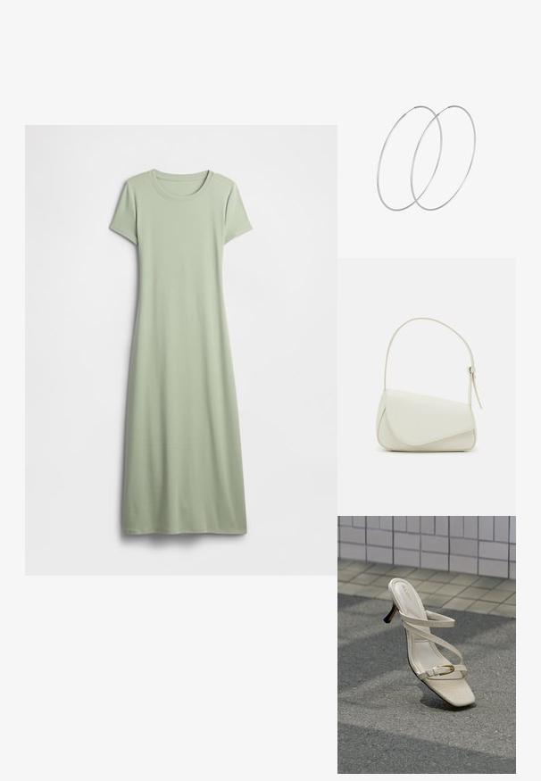 Korte mouw jurk in lichtgroen, gemaakt van zacht stof. Heeft een ronde halslijn en een lang, vloeiend ontwerp zonder versieringen.; Beige hoge hak sandaal met dunne bandjes en een kleine gouden gesp, getoond op een gestructureerd straatoppervlak tegen een betegelde muur.; Witte nepleren handtas met een gestructureerde driehoekige vorm, een enkele verstelbare schouderriem en een klep met ronde accenten.; Zilveren hoepel oorbellen met een minimalistisch ontwerp. Cirkelvormig, gladde textuur en dun profiel. Lichtgewicht met een gepolijste afwerking.