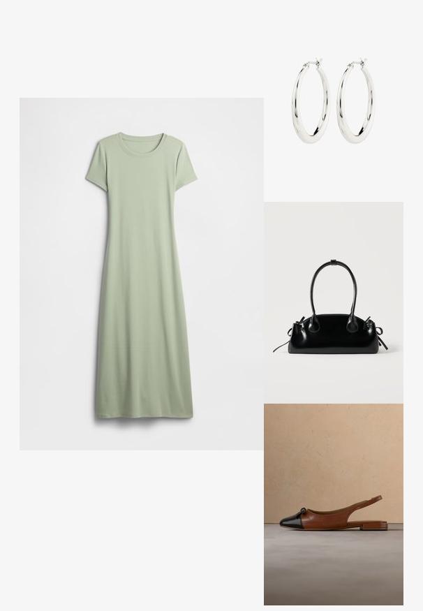 Vestido de manga corta en verde claro, confeccionado con tela suave. Presenta un cuello redondo y un diseño largo y fluido sin adornos.; Zapato plano marrón con tira trasera, puntera negra y detalle de lazo, posicionado en el aire sobre una alfombra beige texturizada y un fondo de sofá neutro.; Pequeño bolso negro brillante con dos asas largas y detalles de cordón lateral sobre un fondo claro liso.; Pendientes de aro de plata con un acabado suave y brillante. Forma circular, con un cierre seguro. Diseño sencillo y elegante.