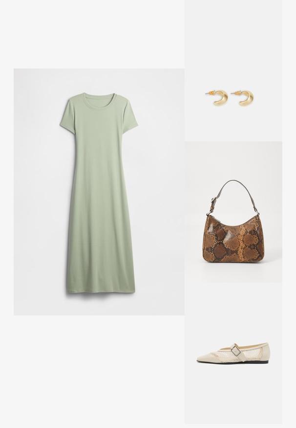 Robe à manches courtes de couleur vert clair, confectionnée dans un tissu doux. Elle présente un col rond et une coupe longue et fluide sans ornements.; Ballerines beiges à bout pointu avec un design à panneaux en maille, dotées d'une sangle à boucle et d'une semelle noire basse, mettant en avant un contraste de texture.; Petit sac à main avec un motif en peau de serpent marron et noir, courroie courte et ajustable, et fermeture éclair.; Boucles d'oreilles en forme de croissant en or avec une finition lisse, présentant des accents orange près du clou et un matériel en argent.