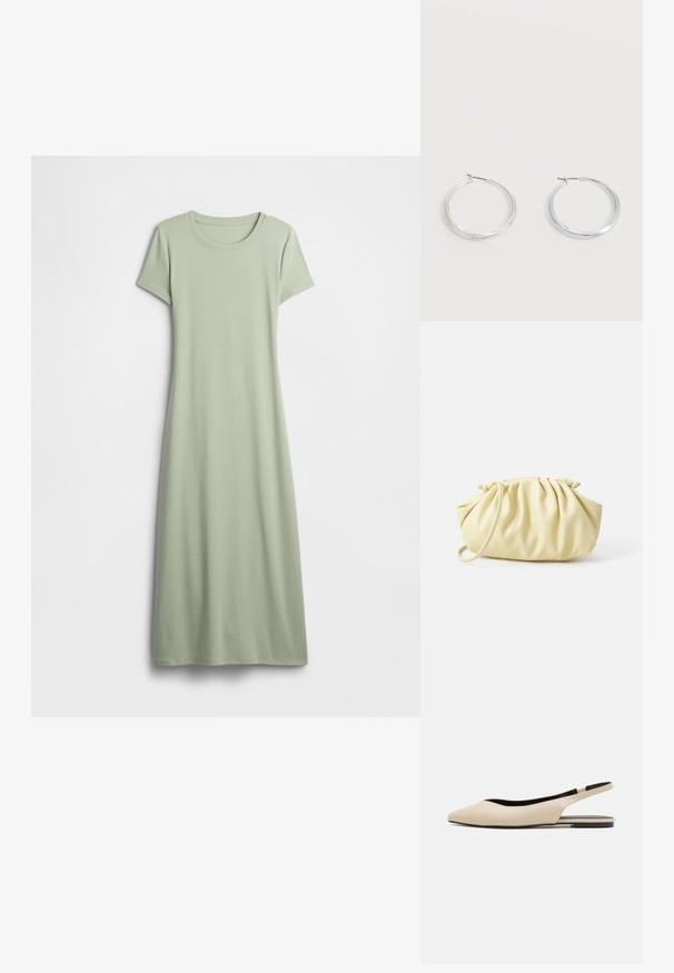 Korte mouw jurk in lichtgroen, gemaakt van zacht stof. Heeft een ronde halslijn en een lang, vloeiend ontwerp zonder versieringen.; Beige leren slingback ballerina's met een spitse neus, minimalistisch ontwerp, gladde textuur en een lage zwarte zool.; Geel geplooide handtas van soepel nepleer, met een zachte vorm, een enkele schouderriem en een verzameld ontwerp aan de bovenkant.; Zilverkleurige metalen creolen oorbellen met een glad, licht gebogen oppervlak en sluitingen met haaksluiting op een effen witte achtergrond.