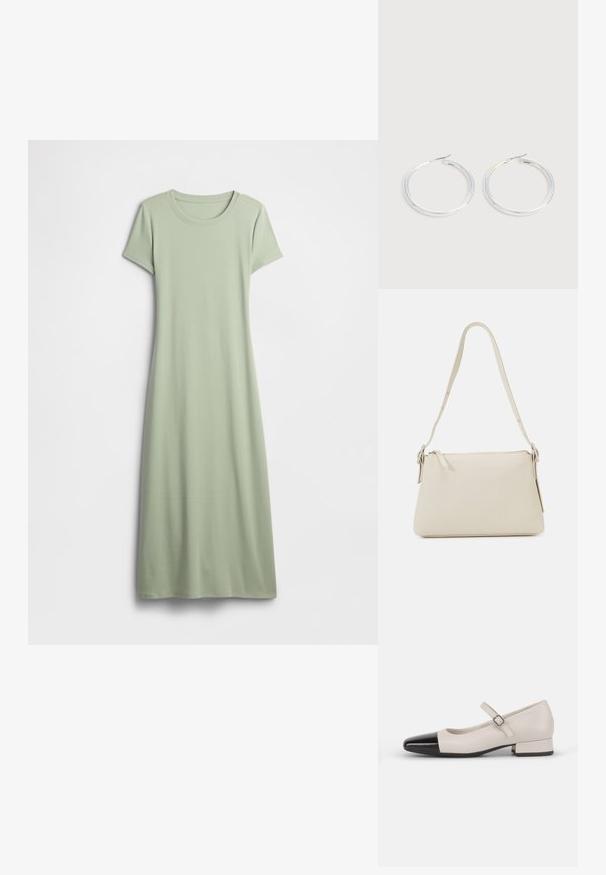 Robe à manches courtes de couleur vert clair, confectionnée dans un tissu doux. Elle présente un col rond et une coupe longue et fluide sans ornements.; Chaussure de style Mary Jane en cuir crème avec un bout en vernis noir. Présente un bout rond, une sangle de cheville avec une boucle carrée et un petit talon carré.; Sac à épaule beige en cuir lisse avec une fermeture éclair. Présente un design simple, une bandoulière fine et des accents en métal.; Paire de boucles d'oreilles créoles argentées brillantes avec fermoirs en fil fin, présentée sur un fond gris clair.