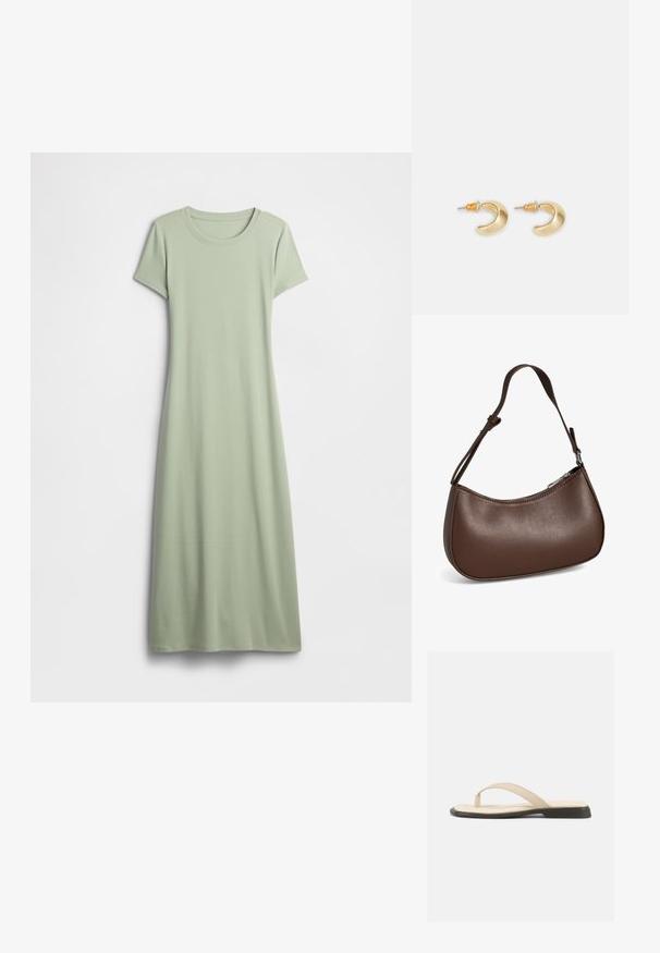 Robe à manches courtes de couleur vert clair, confectionnée dans un tissu doux. Elle présente un col rond et une coupe longue et fluide sans ornements.; Sandale plate beige à bride en forme de tongs avec une semelle intérieure rembourrée et une semelle noire, vue de côté sur fond blanc.; Petit sac bandoulière en cuir marron avec sangle réglable et fermeture éclair, présenté sur fond blanc. Aucun logo ou décoration visible.; Boucles d'oreilles en forme de croissant en or avec une finition lisse, présentant des accents orange près du clou et un matériel en argent.
