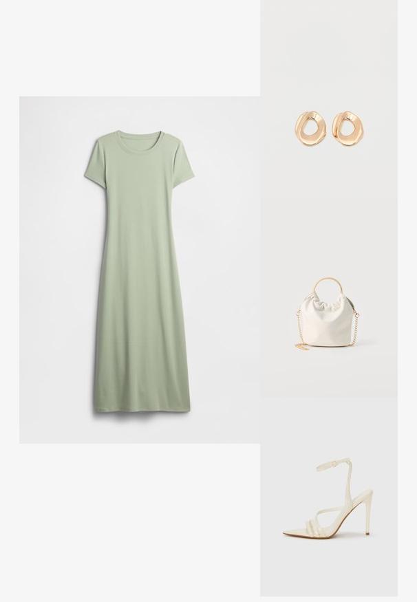 Vestido de manga corta en verde claro, confeccionado con tela suave. Presenta un cuello redondo y un diseño largo y fluido sin adornos.; Sandalias de tacón alto beige con punta estrecha, que cuentan con tres tiras frontales y una tira delgada en el tobillo con hebilla. Textura lisa, diseño minimalista.; Bolso pequeño blanco tejido con asa redonda dorada y correa de cadena dorada, exhibido sobre un fondo neutro.; Par de pendientes de aro de metal en tono dorado pulido, de forma irregular y con centro abierto, sobre un fondo blanco liso.