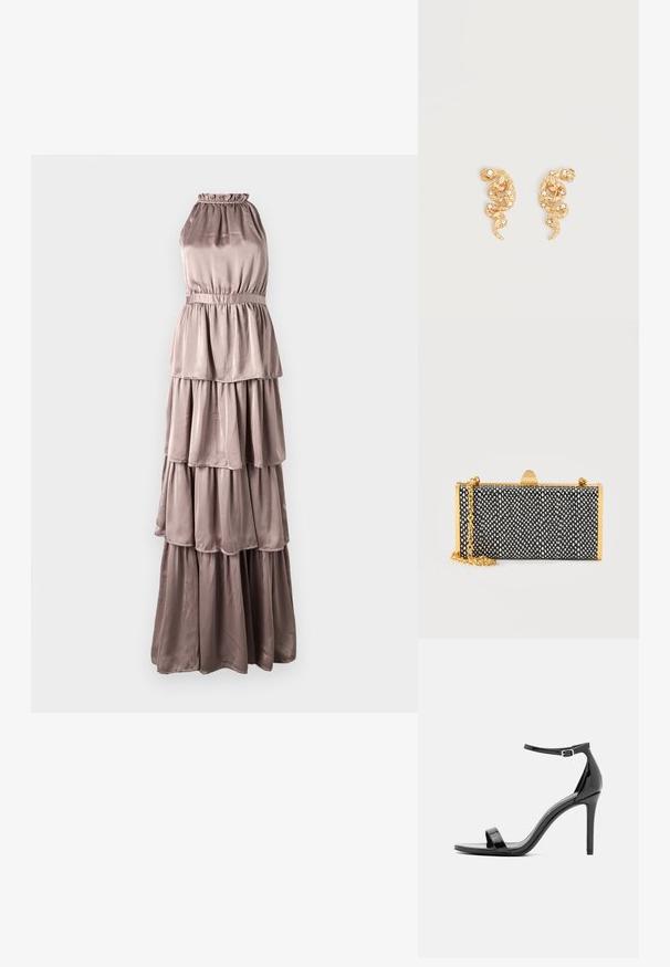 Maxi kihtidega kleit heledas taupe toonis, satiinmaterjalist. Omab halter-kaelust, elastset vöökohta ja kihilisi volange seelikuosas.; Must mustast nahk jalanõud kõrge kontsaga sandaalid, kitsas pahkluustrapp, avatud varvas, minimalistlik disain ja sile, läikiv viimistlus.; Ristkülikukujuline must-valge tekstuuriga õlakott kuldse metallraami ja kettiga neutraalsel taustal.; Kullatona maduja kujulised kõrvarõngad, mis on kaunistatud väikeste läbipaistvate kristallidega helel selgel taustal.