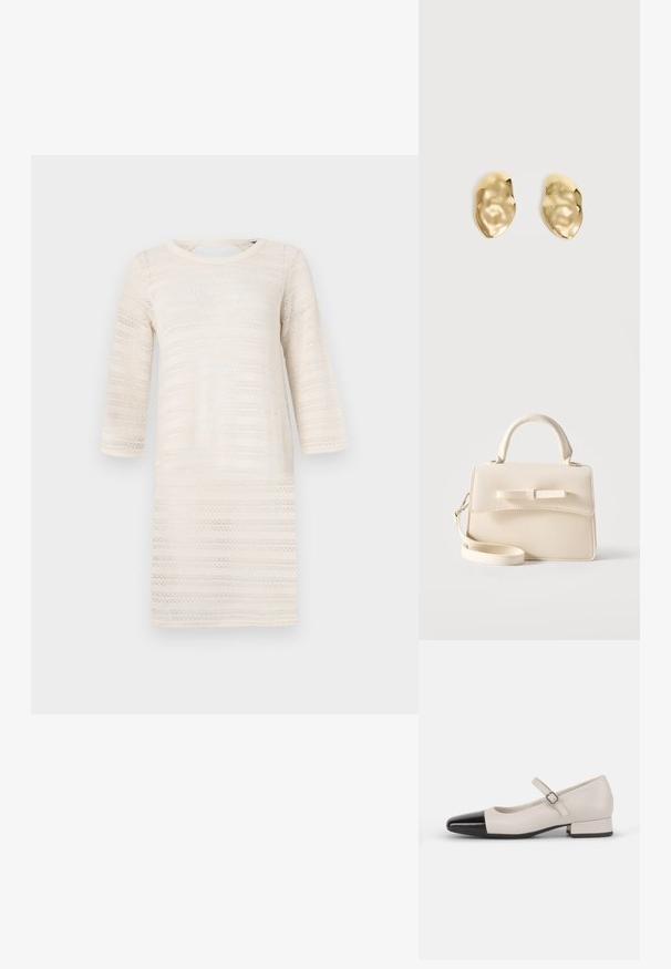 Knee-length kreem dress, mille triiviga varrukate, mis sisaldab tekstuurset mustrit horisontaalsetest triipudest. Ümmargune kaelus, kerge kudumismaterjal.; Kreemivärvi nahast Mary Jane stiilis kingad musta läikiva toe'ga. Omab ümmargust varvast, pahkluule paelaga vöö, madalat ploki kontsa.; Väike beež käekott ülemise sangaga, eemaldatava rihma, ees oleva klapi ja dekoratiivse horisontaalse lipsuga ühtlasel taustal.; Paari läikivaid, ebakorrapärase kujuga kuldse metalliga kõrvarõngaid kortsus, sileda pinnaga tavalise heleda taustal.