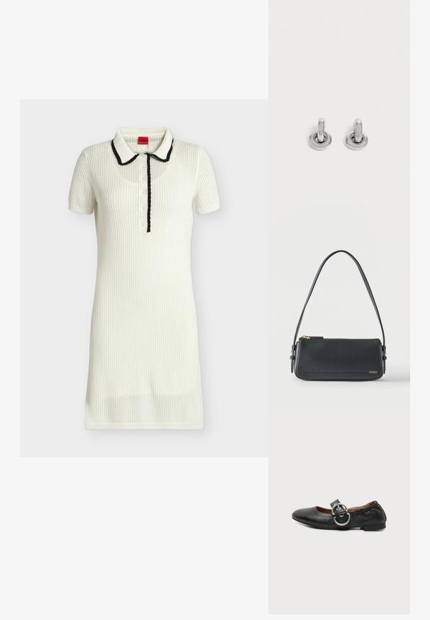 Robe tricotée blanche à manches courtes, col bordé de noir et patte de boutonnage, texture côtelée et longueur mi-cuisse.; Chaussure plate en cuir noir avec un bout arrondi et une large bride avec boucle double anneau argentée sur le dessus.; Sac à bandoulière rectangulaire en cuir noir avec fermeture éclair dorée et petit logo "HUGO" doré sur le devant, doté d'une sangle réglable avec boucle.; Paire de petites boucles d'oreilles créoles argentées brillantes avec une base ronde, présentées sur un fond clair uni.